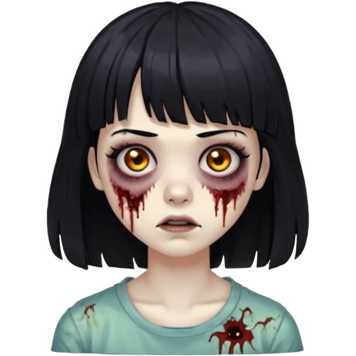 Zombie girl, black hair with bangs, slightly wavy, layered haircut, long eyelashes, black eyes. emoji