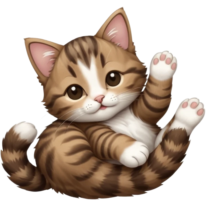 dark brown tabby and white kitten with his eyes closed whilst in funny positions stretched out and  upside down emoji