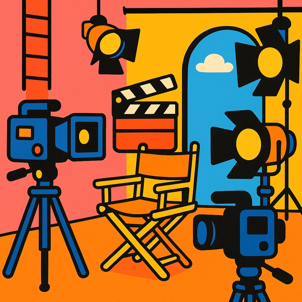 movie set with colorful cartoon elements, cameras, and lights emoji