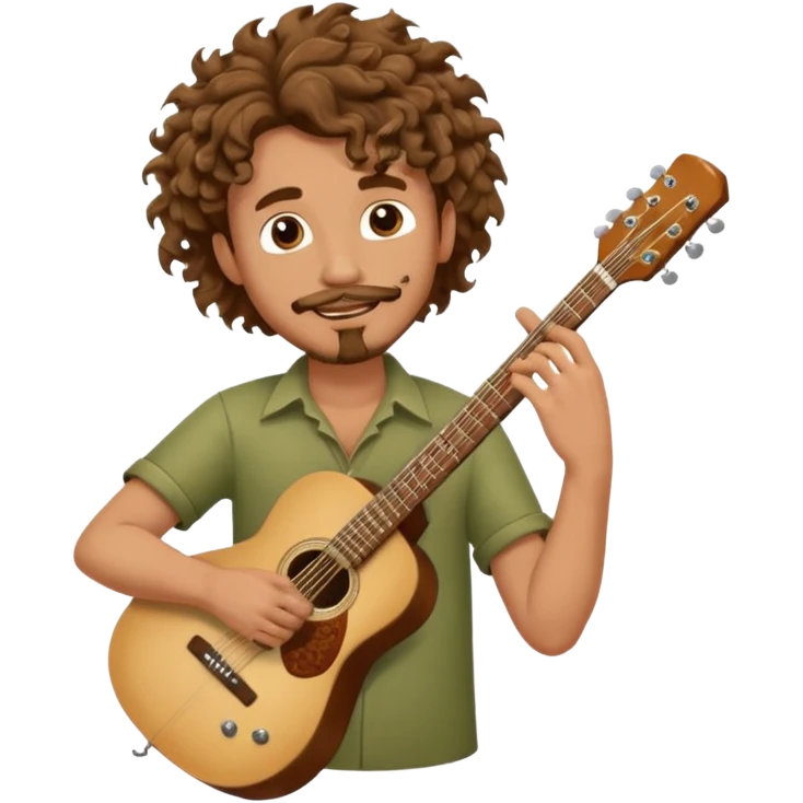 Generate a dude with curly hair and a shitty goatee who is high on marijuana playing the guitar and twisting a strand of his hair emoji
