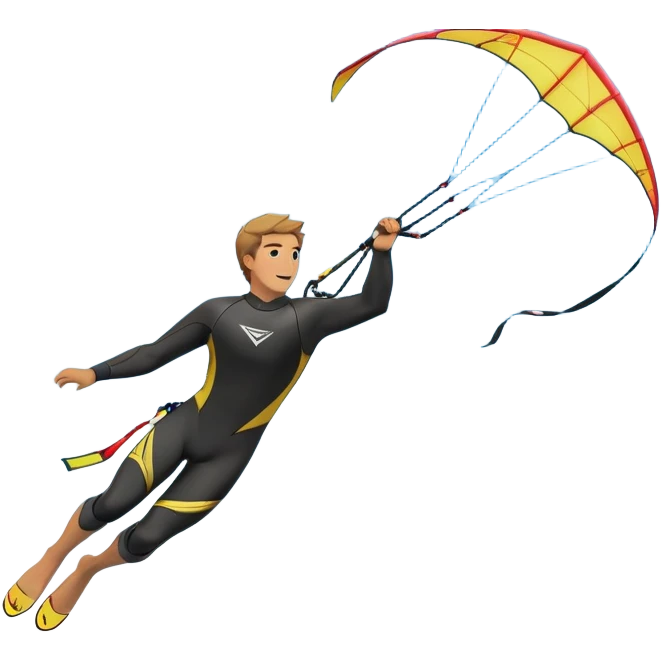 A kite surfer soaring above the waves, holding onto a kite with the wind in full force. The background showcases the ocean and sky, emphasizing the freedom, thrill, and energy of the sport. The motion of the kite and board is dynamic, capturing the excitement of kiting. emoji