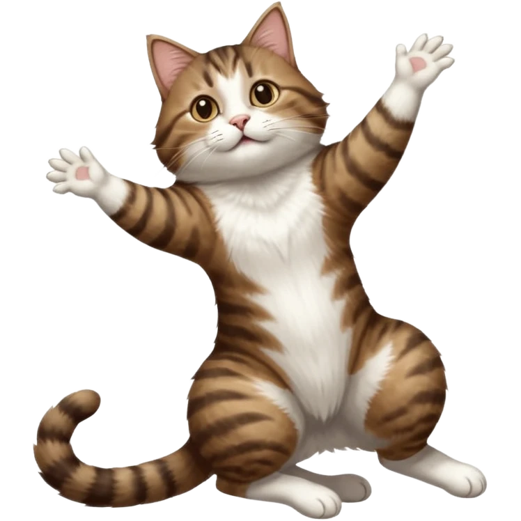 dark brown tabby and white cat with doing a big extremely long stretch reaching up into the air with arms and legs side by side together straight and overextended whilst lying on its side emoji