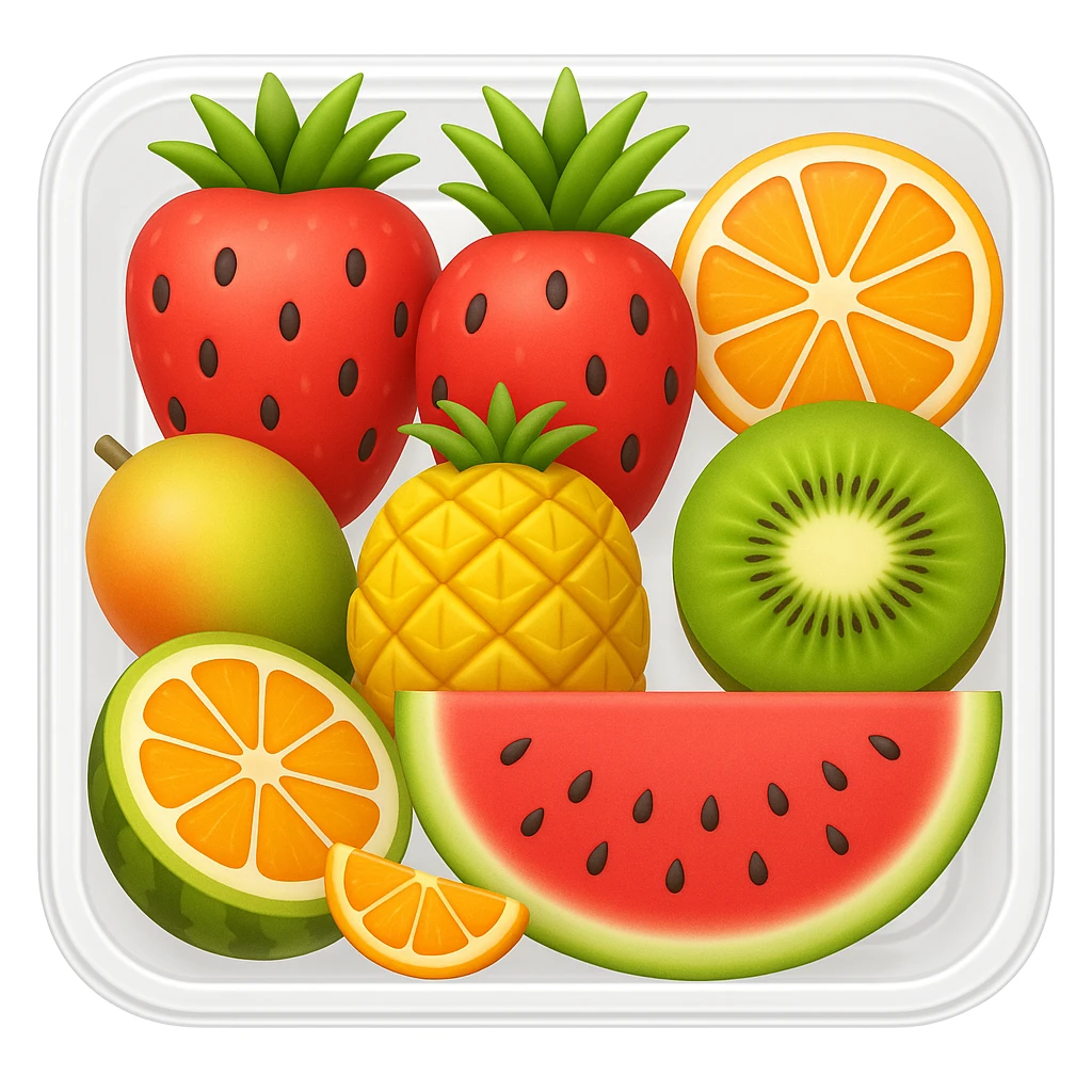 Change the box to a transparent container, keep the fruit platter arrangement the same, in the style of emoji (apple style emojis). emoji