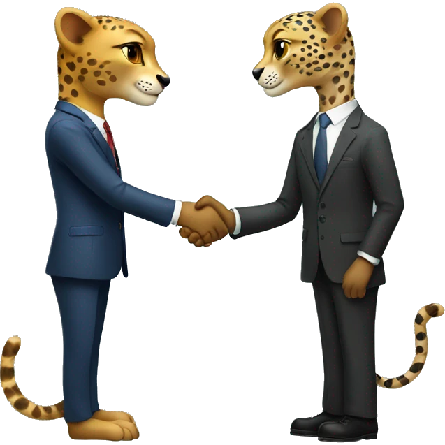 A cheetah in a classic suit shakes hands with a man  emoji
