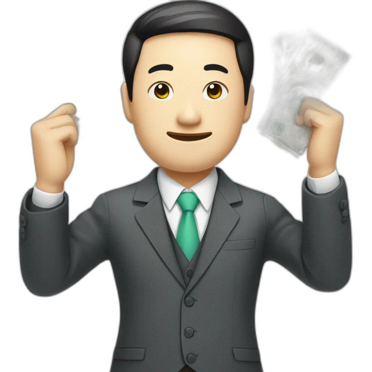 Draw a Chinese character, full body, wearing suits, with lots of RMB bills emoji