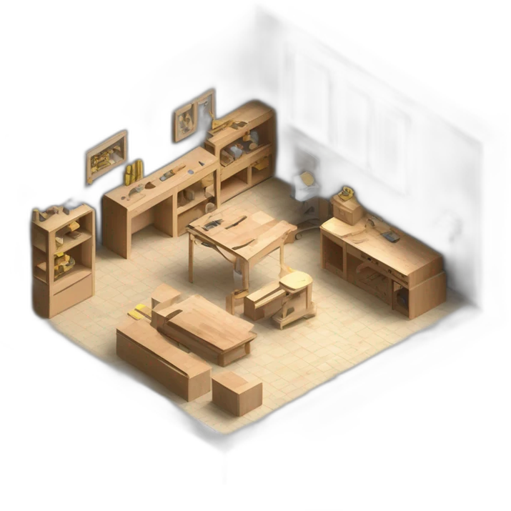 isometric transparent solid outline border containing indoor creative factory woodshop metalshop people active working cnc laser tools simple brutalist industrial makerspace concrete #edc31b  emoji