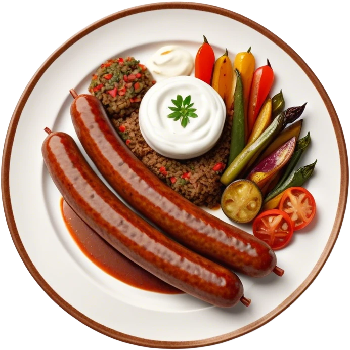 Cinematic Realistic image of a long, sausage-shaped Turkish Köfte, rendered with richly spiced meat textures and subtle grill marks, artfully arranged on a traditional Turkish ceramic plate alongside classic sides such as a serving of aromatic pilaf, crisp grilled vegetables, and a dollop of creamy yogurt, all bathed in warm, appetizing lighting that emphasizes its savory allure. emoji