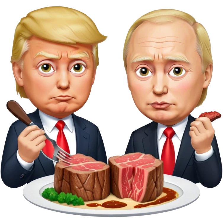 photorealistic Donald Trump and Putin eating a steak shaped like an piece of land emoji