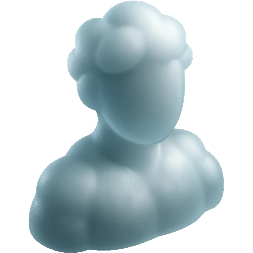 person from shoulders up, fully composed of white fluffy convex clouds, matte glass style emoji