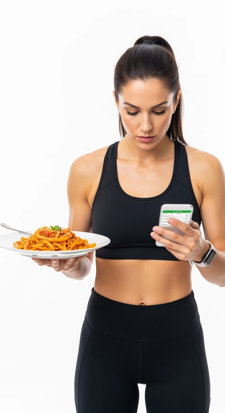 donna fitness che calcola ossessivamente le calorie di quello che sta mangiando: in mano ha un piatto di pasta e nell'altra mano ha lo smartphone per segnare tutti gli alimenti, sfondo bianco emoji