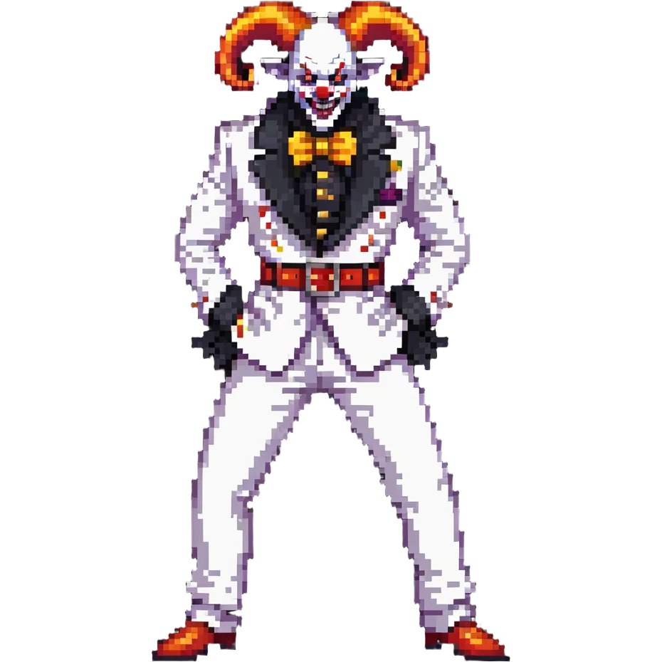 full-body demonic clown in a white leisure suit with bellbottom pants, bald, with black ram horns, flashy belt, ruffled shirt, no neck tie, large fangs in mouth emoji