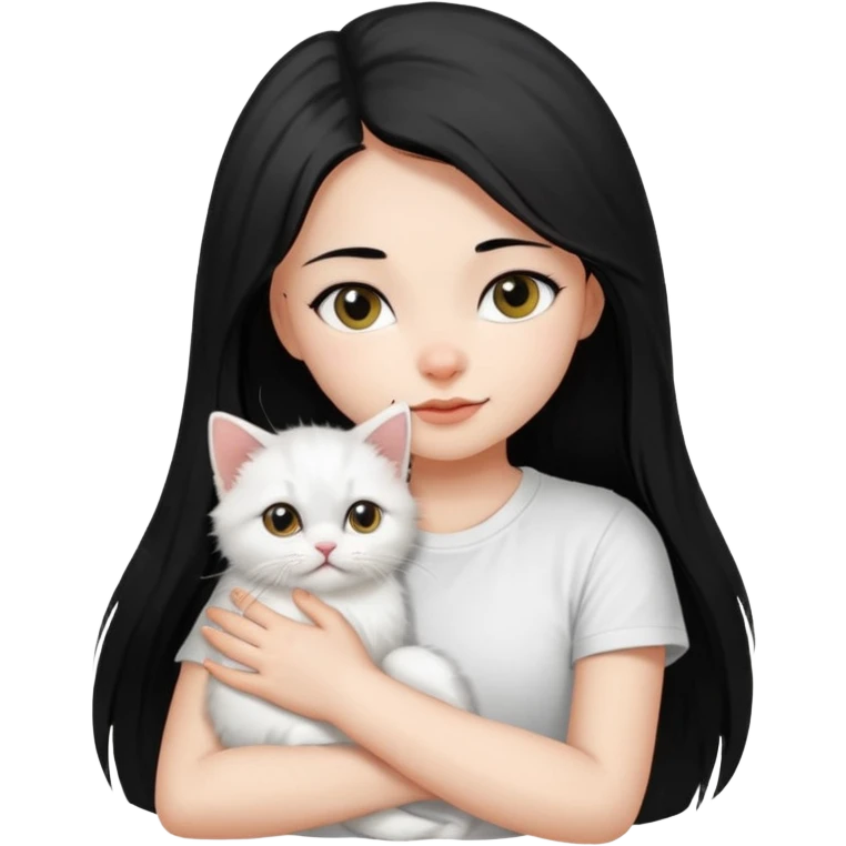 a girl with long dark black straight hair, in a white t-shirt, hugs a persian kitten 3 months old had a half spot black on her face and white one cat. emoji | AI Emoji Generator emoji