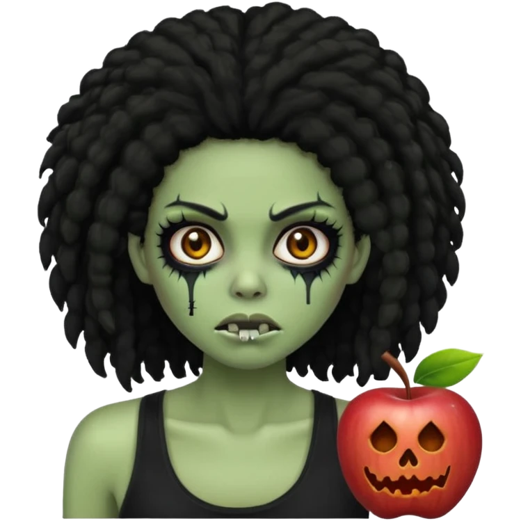 a female zombie with sage green skin, black long afro hair, eyelashes and a black tank top in apple emoji style emoji