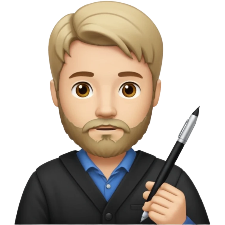 un escritor con barba y cabello medio largo raya en medio, escribiendo emoji