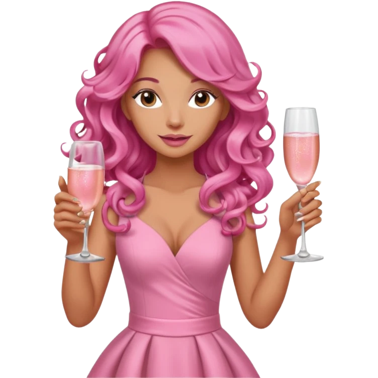 One lady with long pink curled hair and tan skin holding a glass of  pink champagne in each hand emoji