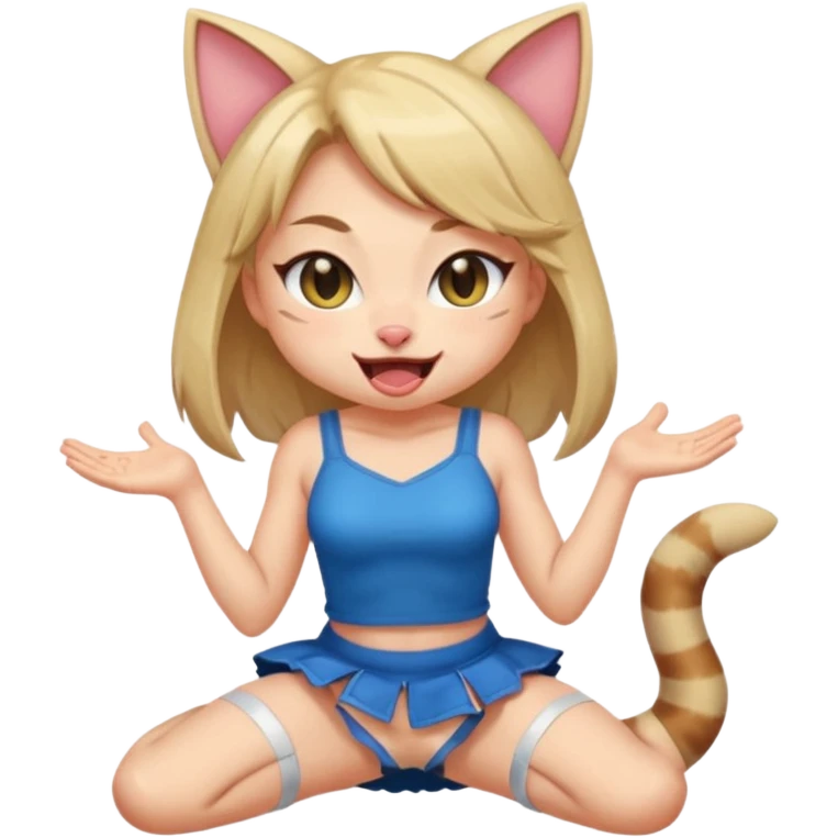catgirl squatting and winking with her tongue out, legs apart, wearing a mini skirt bare thighs emoji