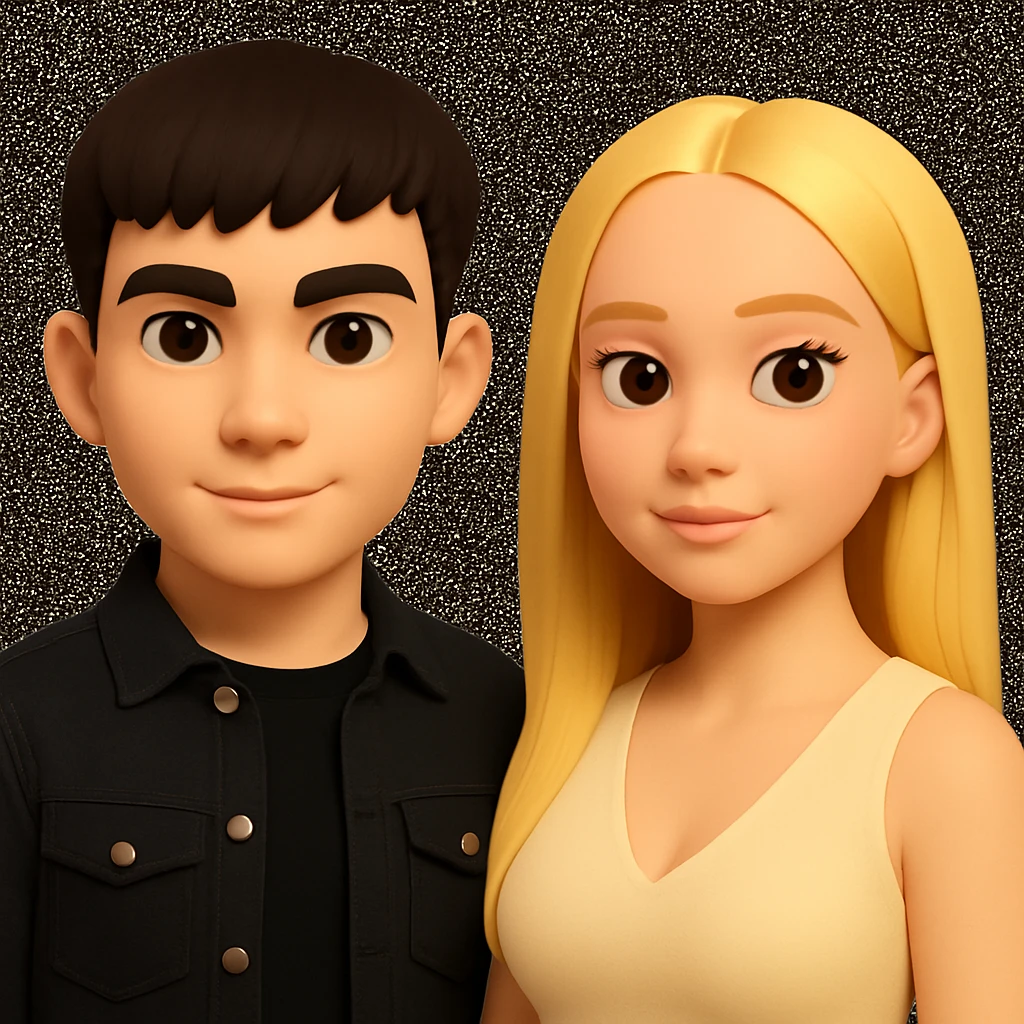 Slightly increase the volume of the upper body of the girl, separate the girl and the boy from each other, and make the skin color the same for both characters. Maintain the cartoon style and keep the background unchanged. emoji