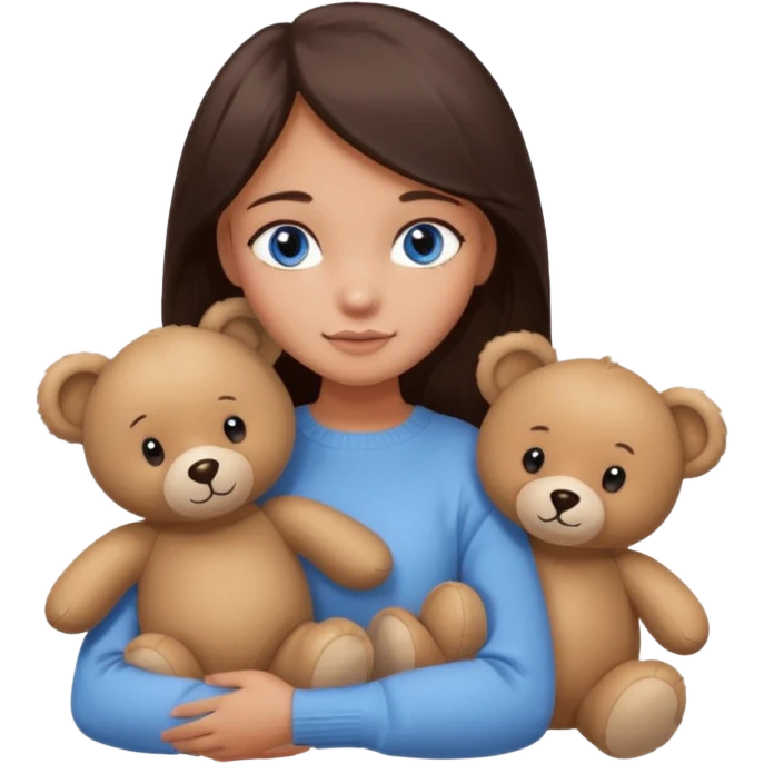 a girl with long dark 
brown hair, with blue eyes, in a
white sweater, hugs 3 different natural coloured emoji