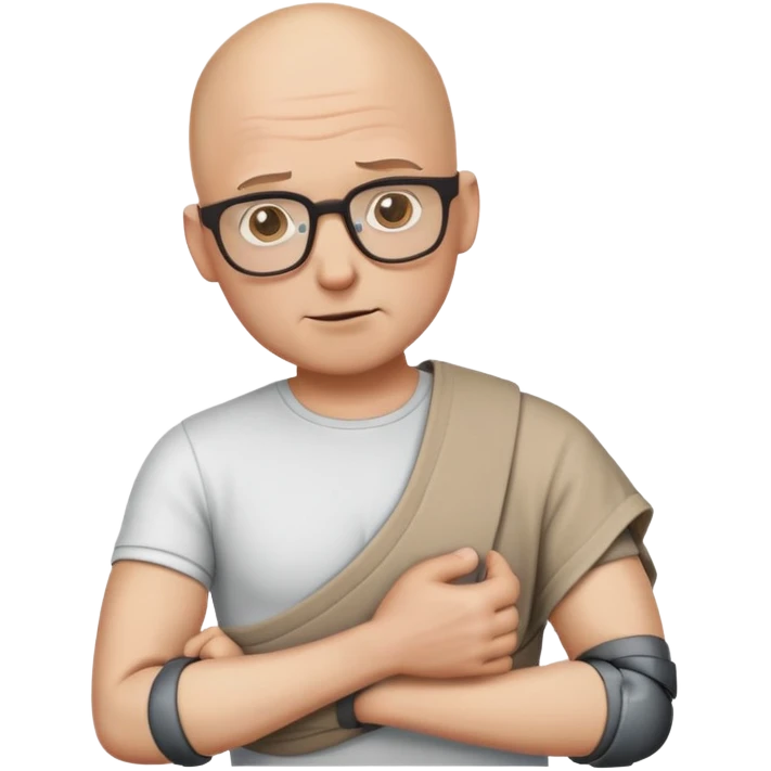 Make this guy bald with his glasses with a broken right arm in a sling emoji