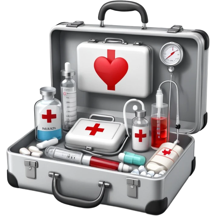 An icon featuring a medical suitcase with a red cross, a bottle of pills, a stethoscope, and a syringe, symbolizing medicine. The design includes a thermometer, bandages, and a heart monitor, representing healthcare and medical treatment. Transparent background highlights the science of healing. emoji