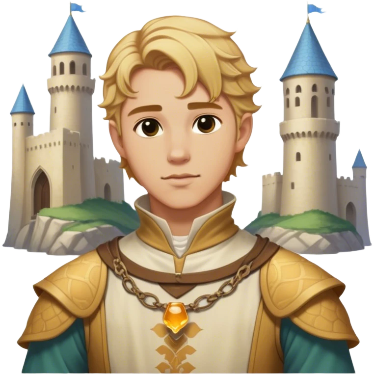 Medieval summer outfit worn by a DnD themed fantasy male character. Character has honey blonde hair swept back from the temples, reaching the nape of the neck with natural waves throughout. emoji