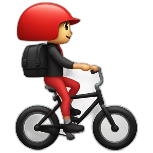 Garçon en tenue rouge sur un vélo noir vélo avec un sac tout rouge cubique, avec un logo qui représente une toque emoji