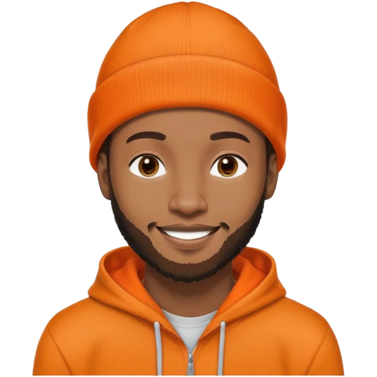 African yound man in his late 20s with a beanie and a bright smile with a short boxed beard, and a low cut hair, orange hoody emoji