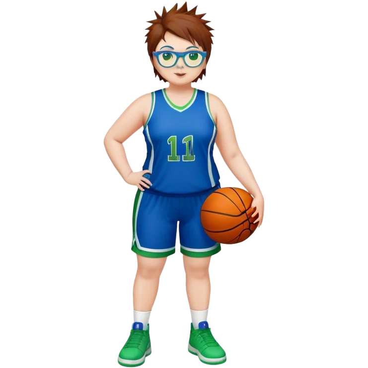 Full Body white plus size Girl with basketball spikey short brown HAIR wearing blue glasses with green eyes wearing blue and green basketball uniform PLAIN emoji