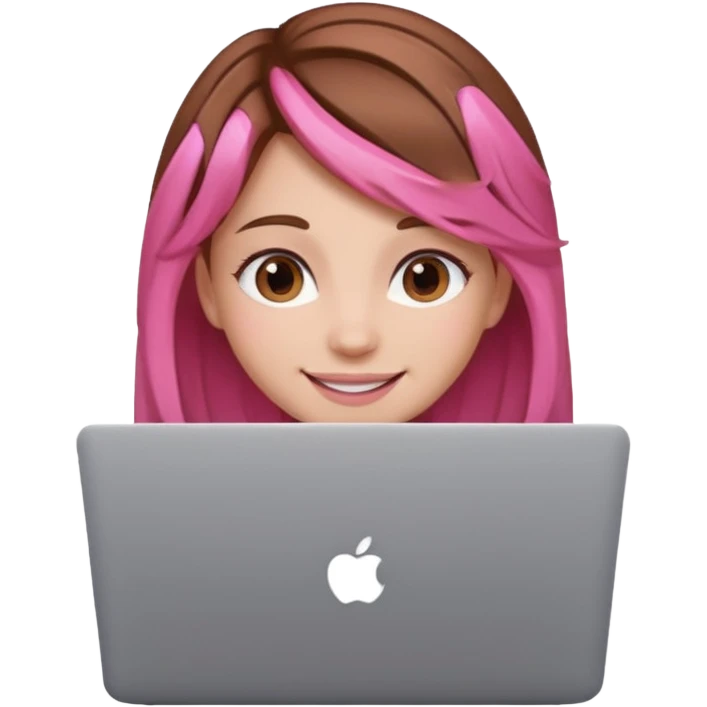 Make an apple emoji of a girl with brown hair that has pink strands of hair with her face behind a laptop screen facing her. emoji