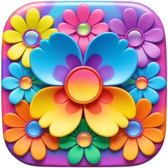 Beveled square shaped psychedelic colored button with rainbow colored hippie style 3D flowers in the center emoji