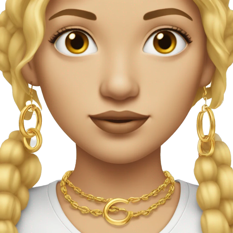 white woman with hazel eyes and straight blonde hair wearing gold necklace and small gold hoop earrings emoji