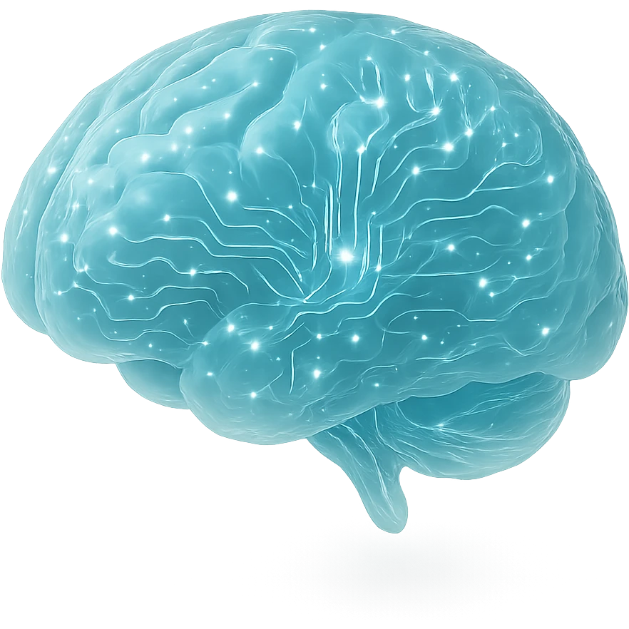 A human brain with transparent jelly-like appearance, showing internal neural connections as circuit-like patterns and small glowing synapses emoji