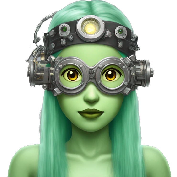 Light green long hair female cyborg head with silver steampunk goggles as a headband, circuits emoji