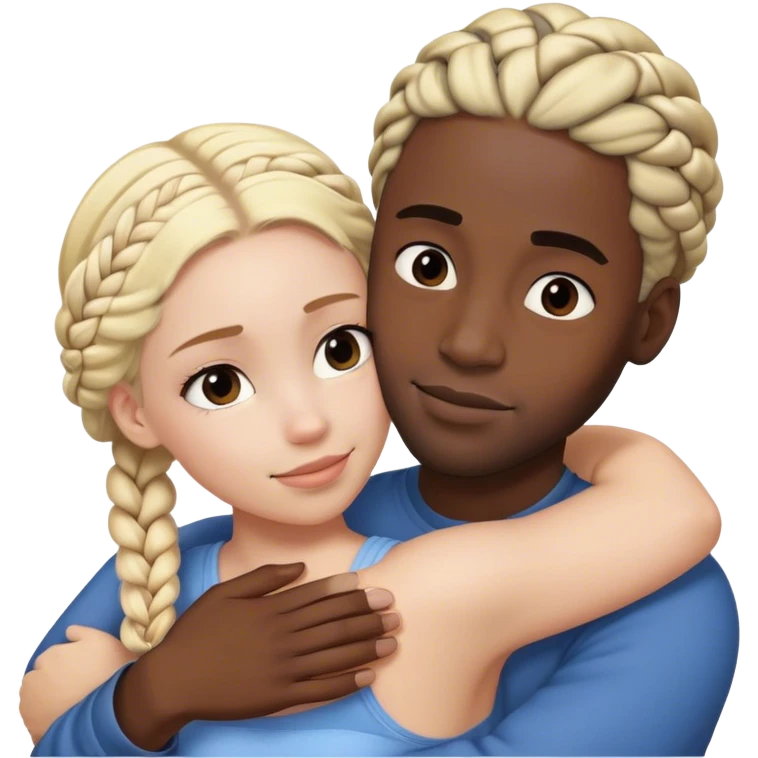 White blonde woman hugging black man with braids emoji