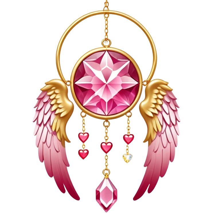 Reddish-pinkish and golden warm-colored romantic lush beautiful pretty hanging crystal-catcher aesthetic with hearts and sparkles and and white angel wings emoji