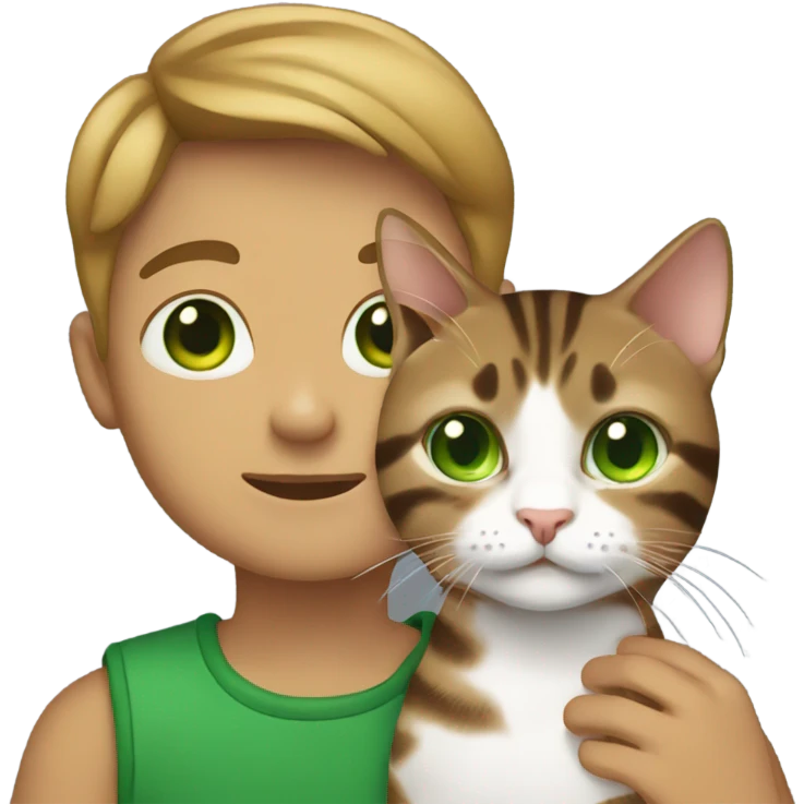 Boy holding a brown tabby cat with green eyes  emoji