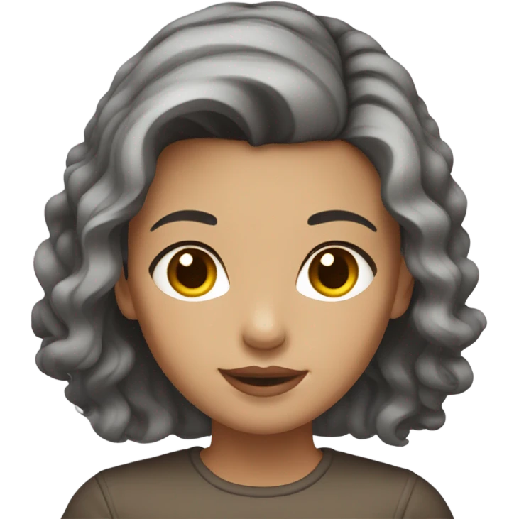 Girl with medium length brown hair with gray highlights, brown eyes and brown eyebrows emoji