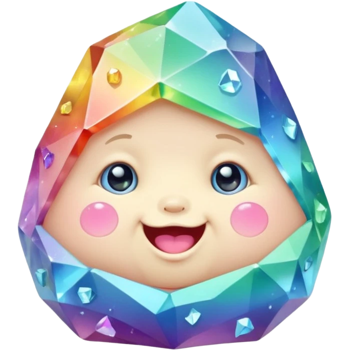 A single pastel rainbow crystal baby rock character, chubby and heavy with a chunky, irregular polygon shape,covered in faceted crystal planes and small chips, big glossy rainbow eyes and a small smiling mout emoji