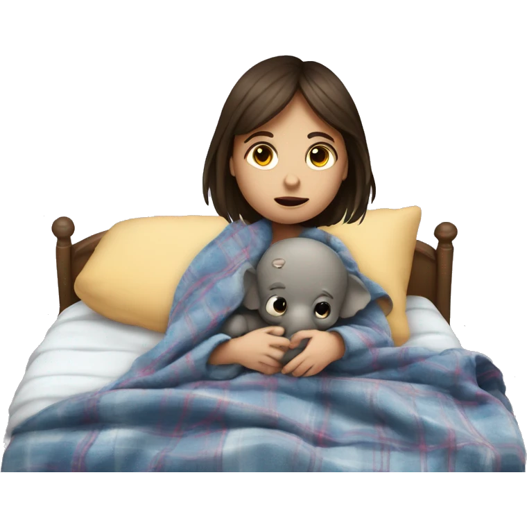 A sick brunette little girl in a bed with a fever, stomach flu, a plaid blanket and a stuffed elephant emoji