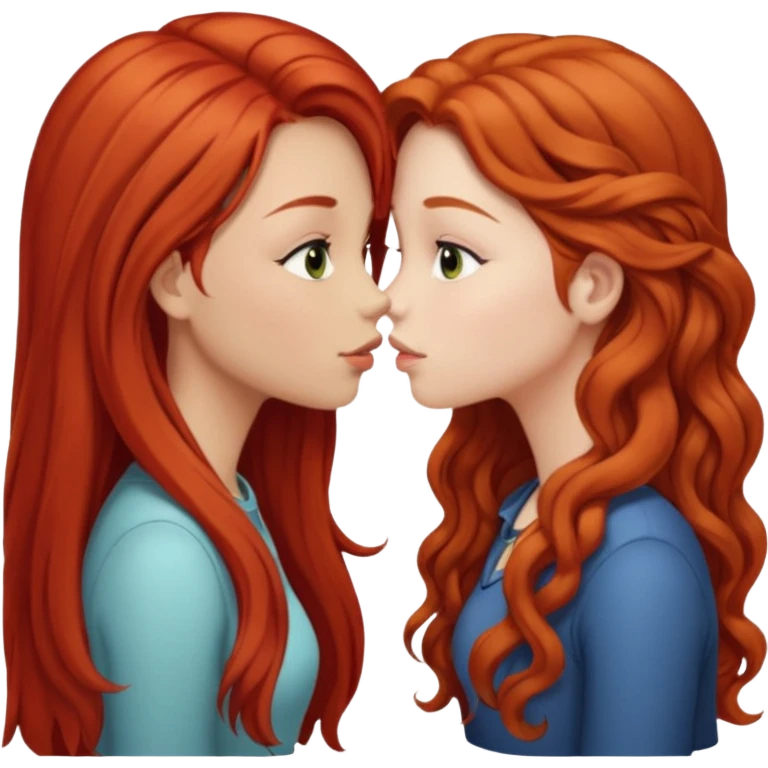 two girls kissing, one with long straight red hair, the other with long curly light brown hair emoji
