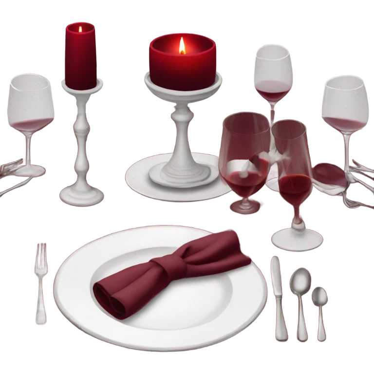 Romantic table dinner with burgundy tablecloth, white plates and wine cups emoji