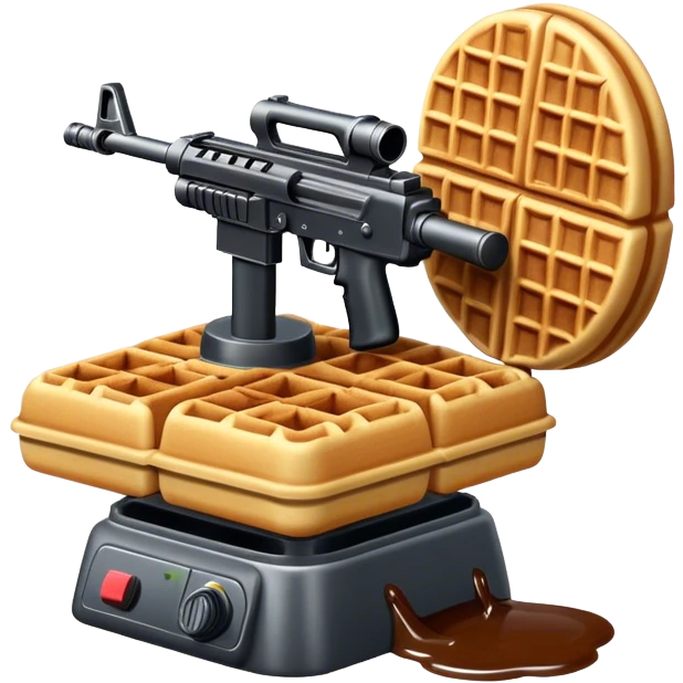 A waffle with a machine gun and poop emoji