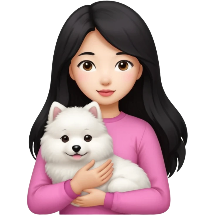 A black long hair asian pretty girl with a bright skintone and pink outfit holding a samoyed dog emoji