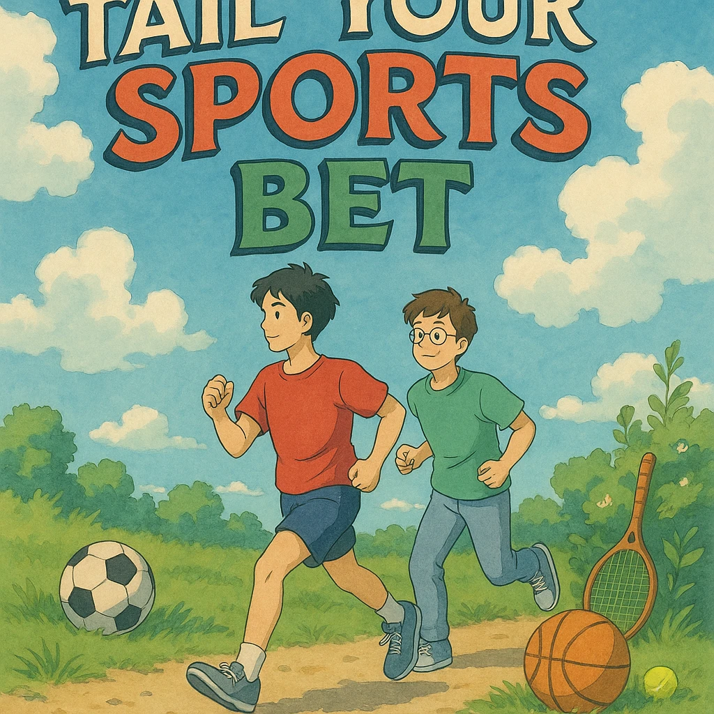 ghibli style illustration of a person following another with sports elements, representing 'tail your sports bet' emoji