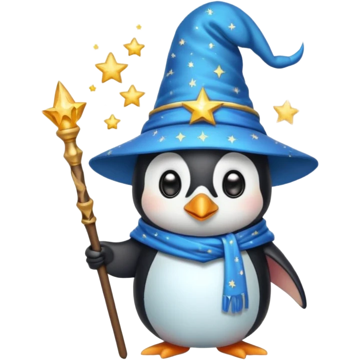 penguin wizard with a starry hat and magic staff, cute emoji style emoji