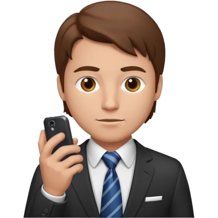 Un hombre masculino,  de traje con tez clara pelo color castaño, vestido con traje camisa y corbata y celular en mano .  emoji