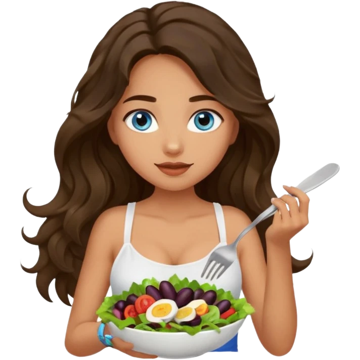 Girl with olive skin, blue eyes, brown dark insanely wavy long hair, white camisole eating a salad  emoji