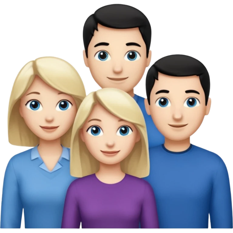 Blond woman with blue eyes on left. And a Man with black hair and grey eyecolor in the middle. And a blank woman with brown hair and grey eyes on the right. Happy together emoji