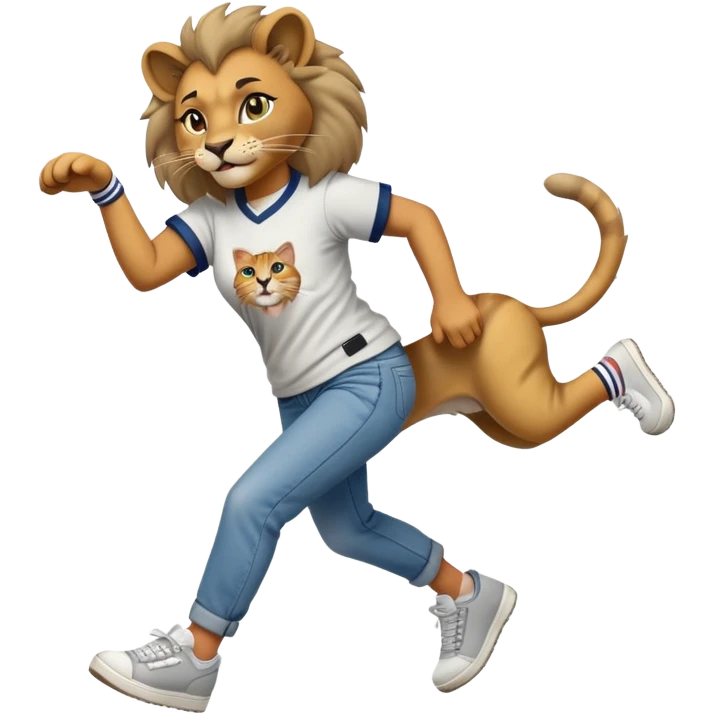friendly anthropomorphised female lion in a baseball shirt, jeans, and trainers helping a hip-hop, RUN DMC-inspired female cat up after falling down emoji