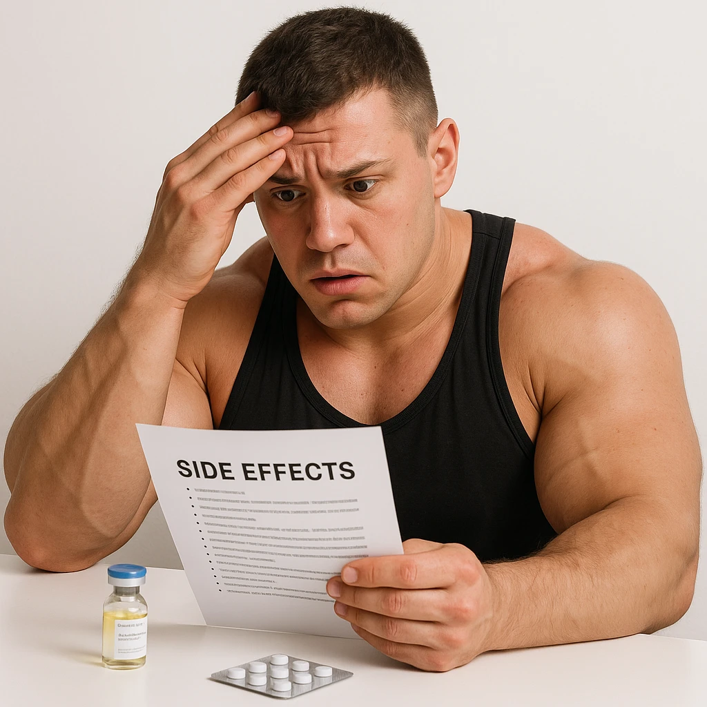 realistic beginner bodybuilder consulting list of side effects, vial of testosterone and blister of aromatase inhibitor on table, anxious expression, swollen muscles, white background, 4K quality emoji